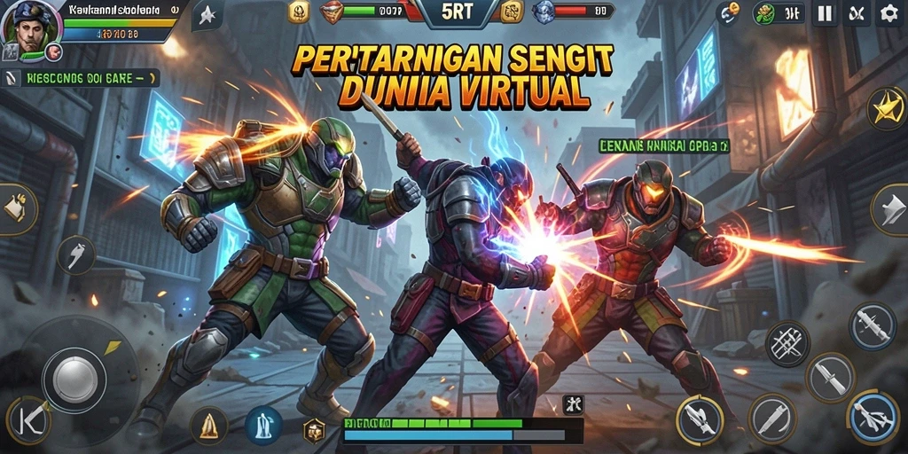 Screenshot 5RT menunjukkan pertarungan spektakuler antara karakter bertarung.