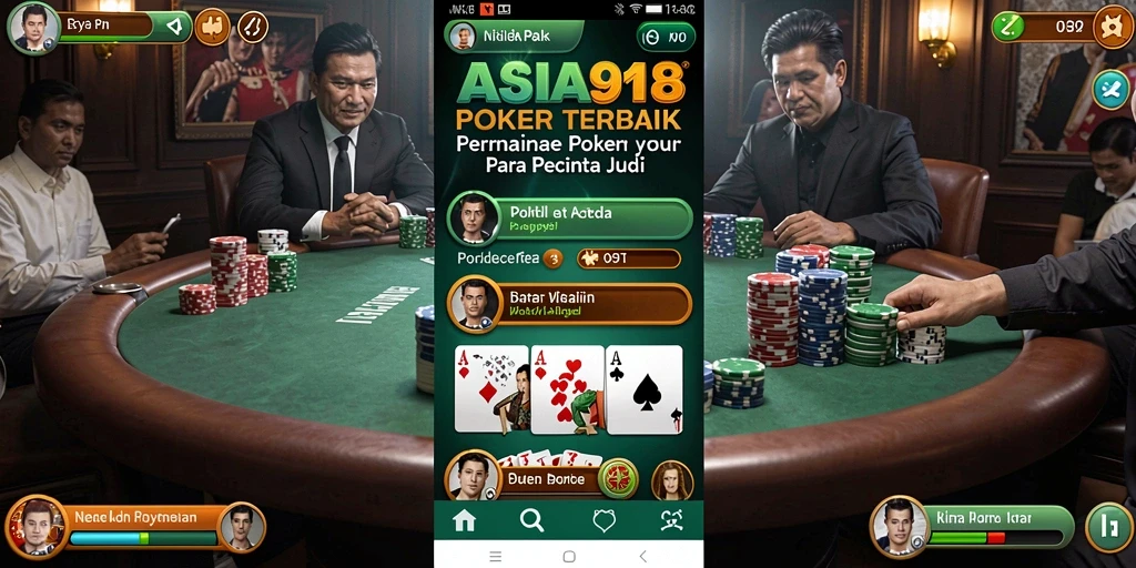 Screenshot utama menunjukkan gameplay seru ASIA918 dengan pemain yang terlibat dalam permainan poker.