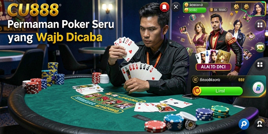 Tampilan gameplay seru dari CU888 dengan pemain poker yang berkompetisi.