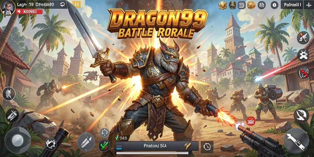 Gameplay Battle Royale seru di DRAGON99, menunjukkan pertempuran yang intens.