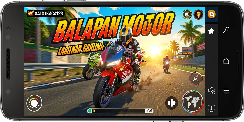 Gameplay seru GATOTKACA123 dengan balapan motor cepat.