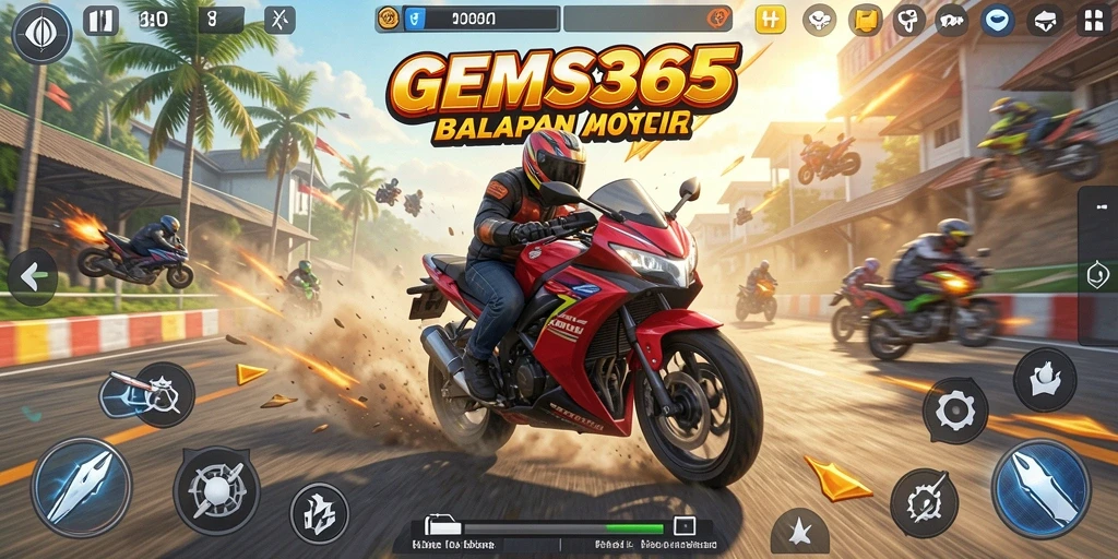 Screenshot GEMS365 menunjukkan aksi balapan motor yang seru.