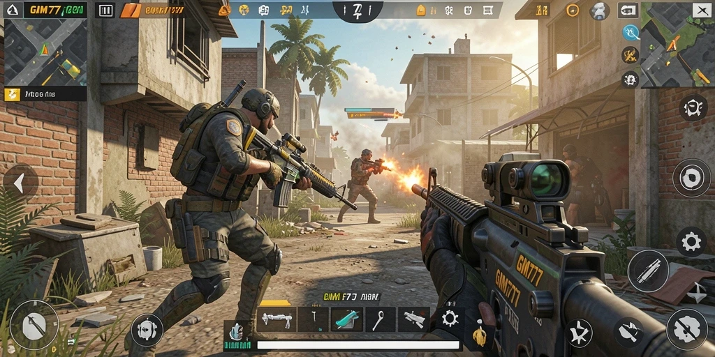 Tangkapan layar GIM777 menampilkan aksi intens dalam mode permainan FPS.