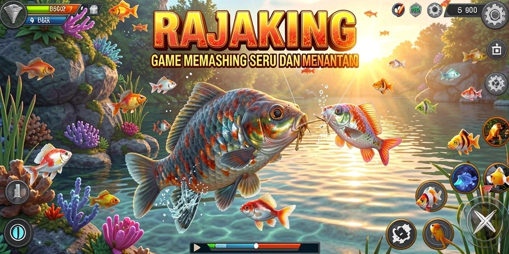 Screenshot dari gameplay RAJAKING yang menunjukkan aksi memancing yang seru.