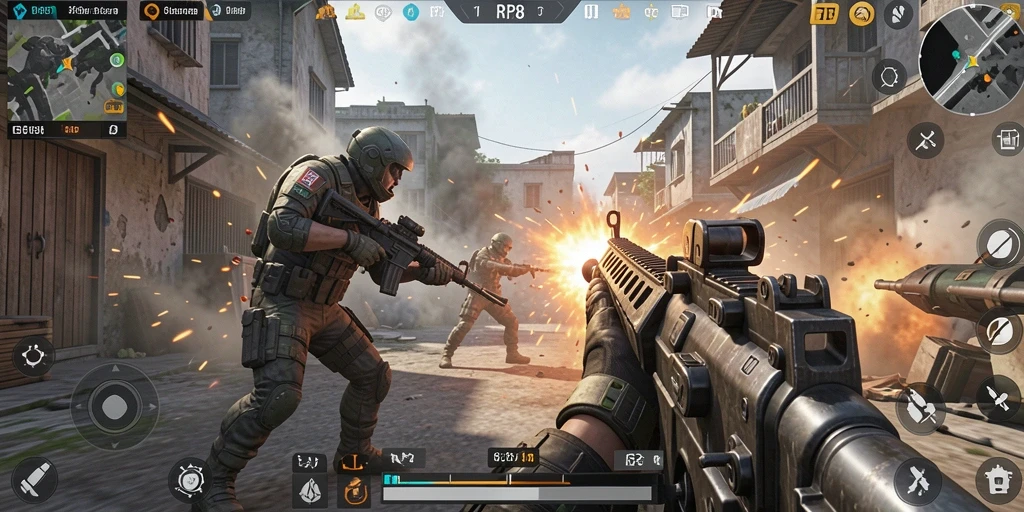 Screenshot utama RP8 menampilkan aksi seru dalam gameplay FPS.