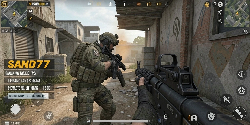Tampilan gameplay menegangkan dari SAND77 dengan aksi tembak-menembak yang intens.