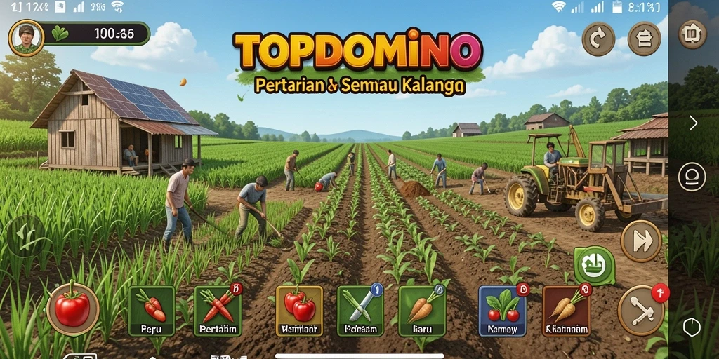 Tampilan gameplay TOPDOMINO dengan ladang yang hijau dan hewan ternak yang lucu.
